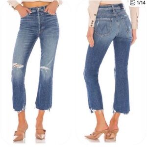 MOTHER Blue Frayed Hem Cropped Jeans